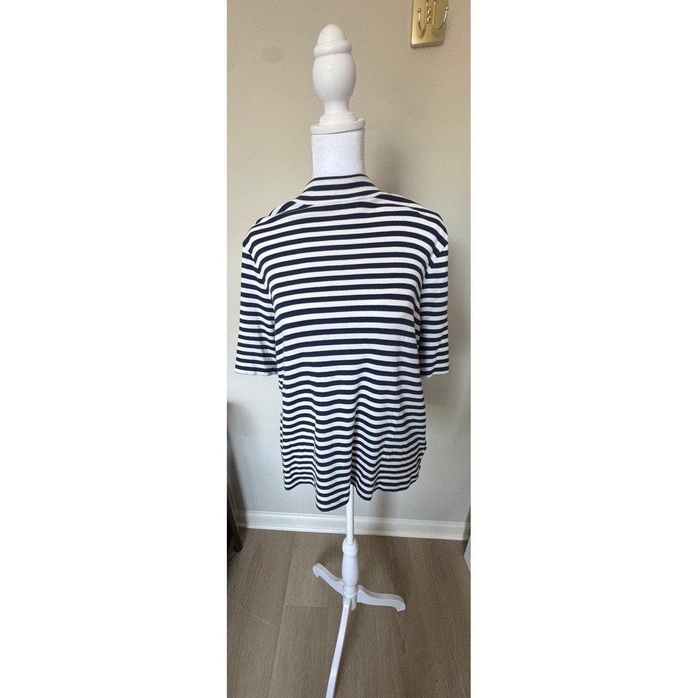 Navy Blue White Striped Mock Neck Short Sleeve Ribbed‎ Knit Top Cotton Modal